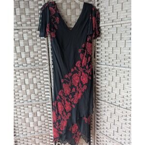 Vtg Y2K Black Red Midi Dress Floral Beaded Asymmetric Hem Fairy Grunge Romantic